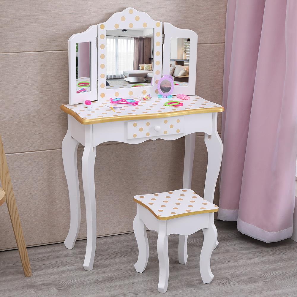 Ktaxon Kids Vanity Table and Stool Set with 3 Mirrors, Pretend Play 