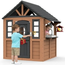 COCLUB Kids Outdoor Playhouse, Wooden Playhouse with Play Kitchen, Working Doorbell, Bird Cage, Pet Door, Backyard Casa de CampañA Para NiñOs Country Style