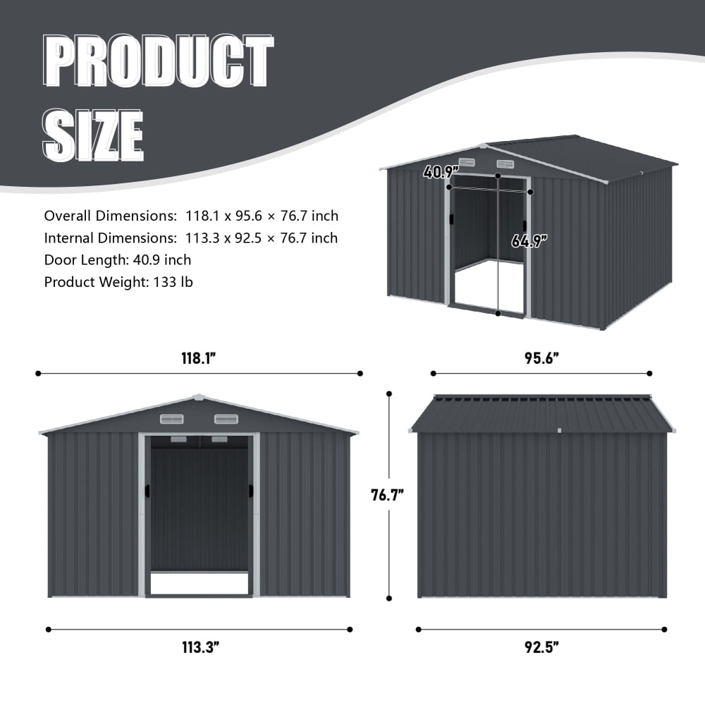 8x10 FT Metal Tool Shed - Features Sliding Doors & Ventilation for Lawn Mowers & Bike Storage