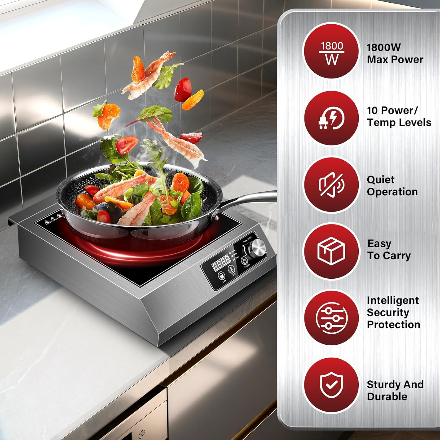 Commercial Induction Cooktop,1800W Induction Burner with sensor touch, knob and LCD screen,ETL-Certified Single Electric Burner,Ten level precise temperature control,Large 8” Heating Coil