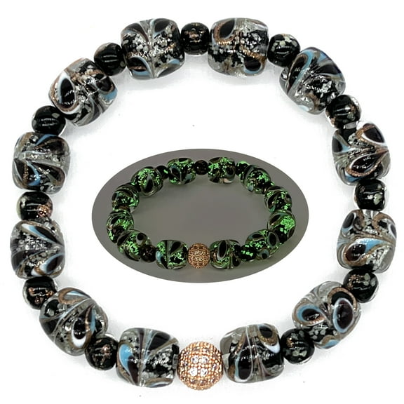 Glow in The Dark Firefly Beads Bracelet, Handmade in USA, Peacock Feather Luminous Murano Glass Beads Jewelry (Black)