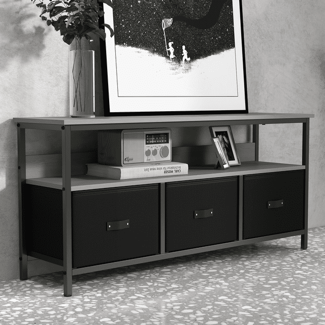 Mueble para TV de 47.2 Pulgadas – Hasta 55 Pulgadas – Consola Multimedia – 3 Cajones de Tela y Estante – Sala y Dormitorio – Negro y Gris