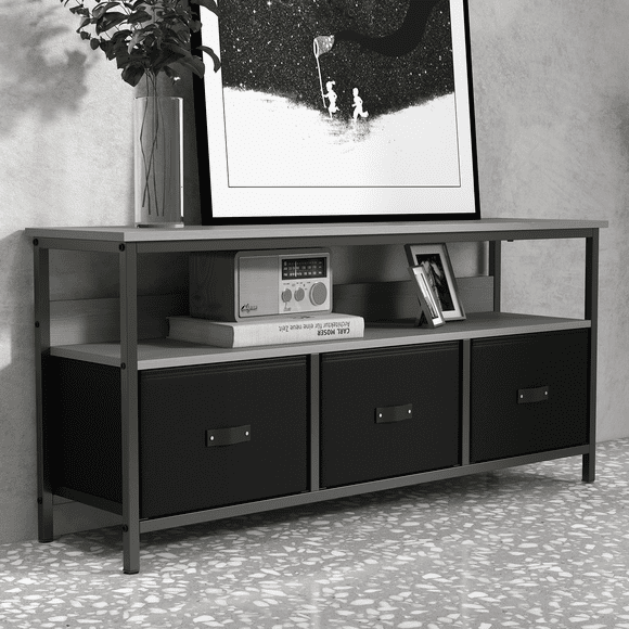 Mueble para TV de 47.2 Pulgadas – Hasta 55 Pulgadas – Consola Multimedia – 3 Cajones de Tela y Estante – Sala y Dormitorio – Negro y Gris