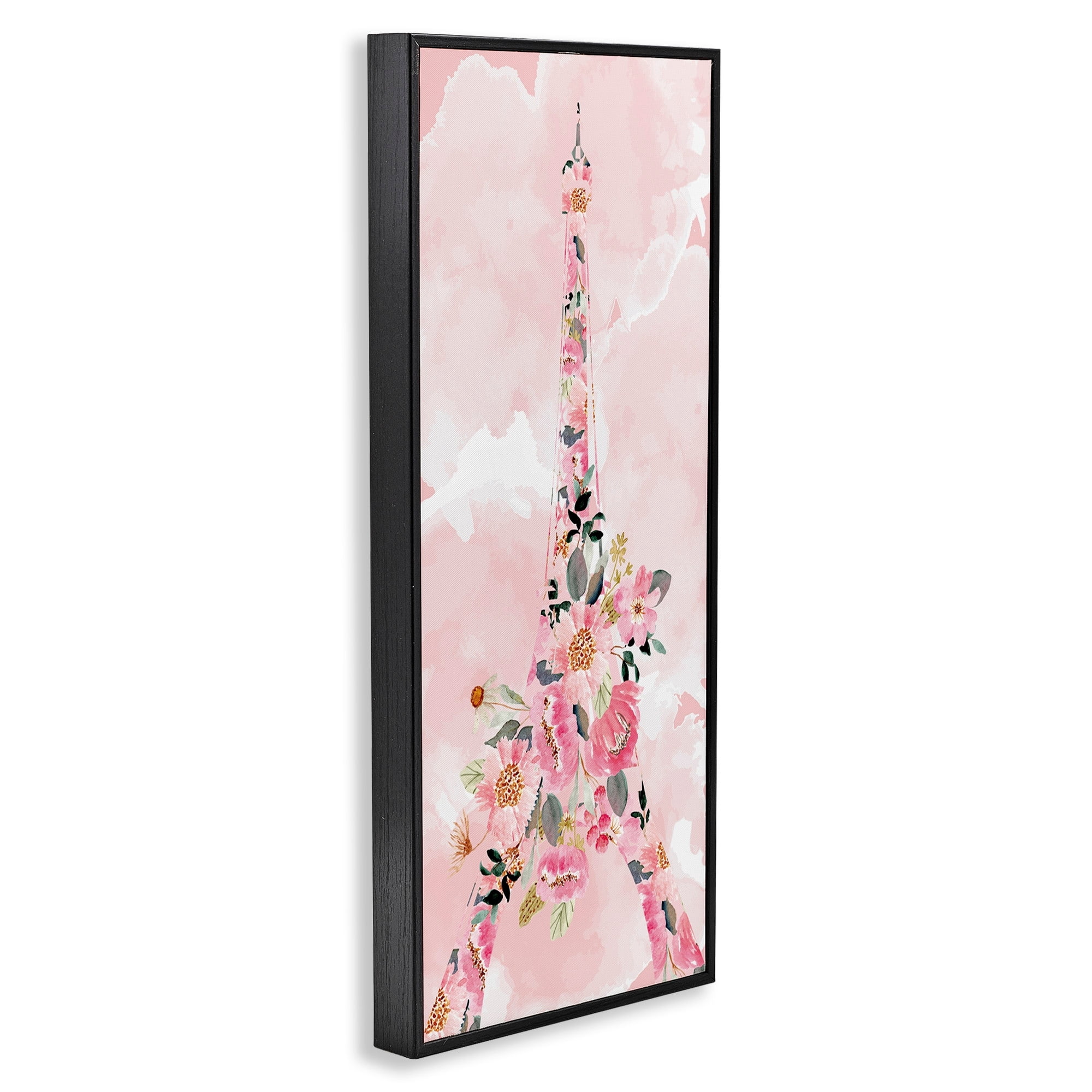 Stupell Industries Floral Pattern Eiffel Tower Pink Cloudy Sky Botanical & Floral Painting Black Framed Art Print Wall Art, 10 x 24