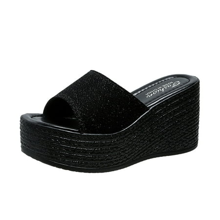 

Summer Slippers for Women Fashion Summer Wedge Heel Thick Sole Fish Mouth Solid Color Slippers