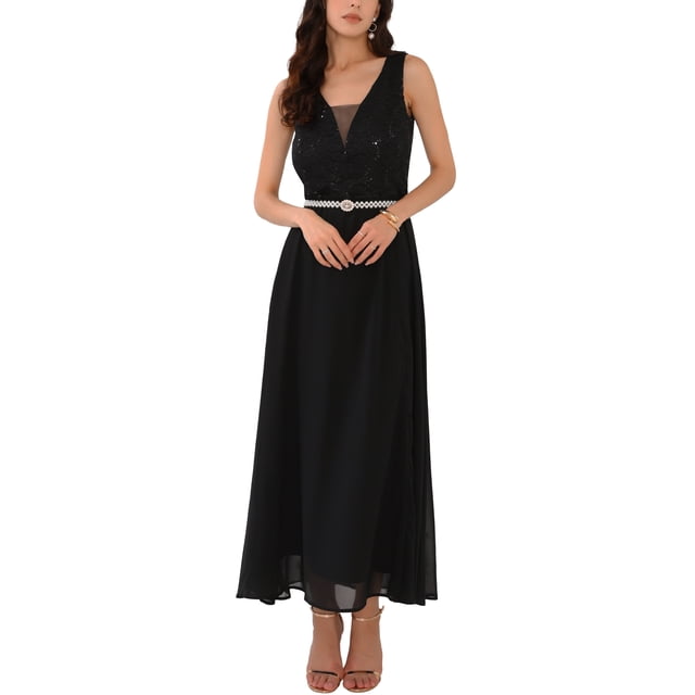 INSPIRAR CHIC Vestido de cóctel sin mangas con encaje y escote en V para mujeres, invitada de boda, color negro