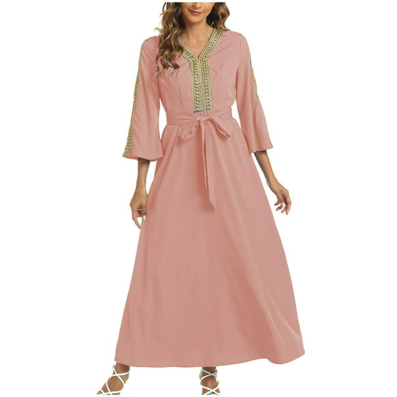 Drses Abaya Dress for Women V Neck Dubai Saudi Fancy Moroccan Solid Color Dresses 3/4 Sleeve Waist Formal Elegant Long Dress