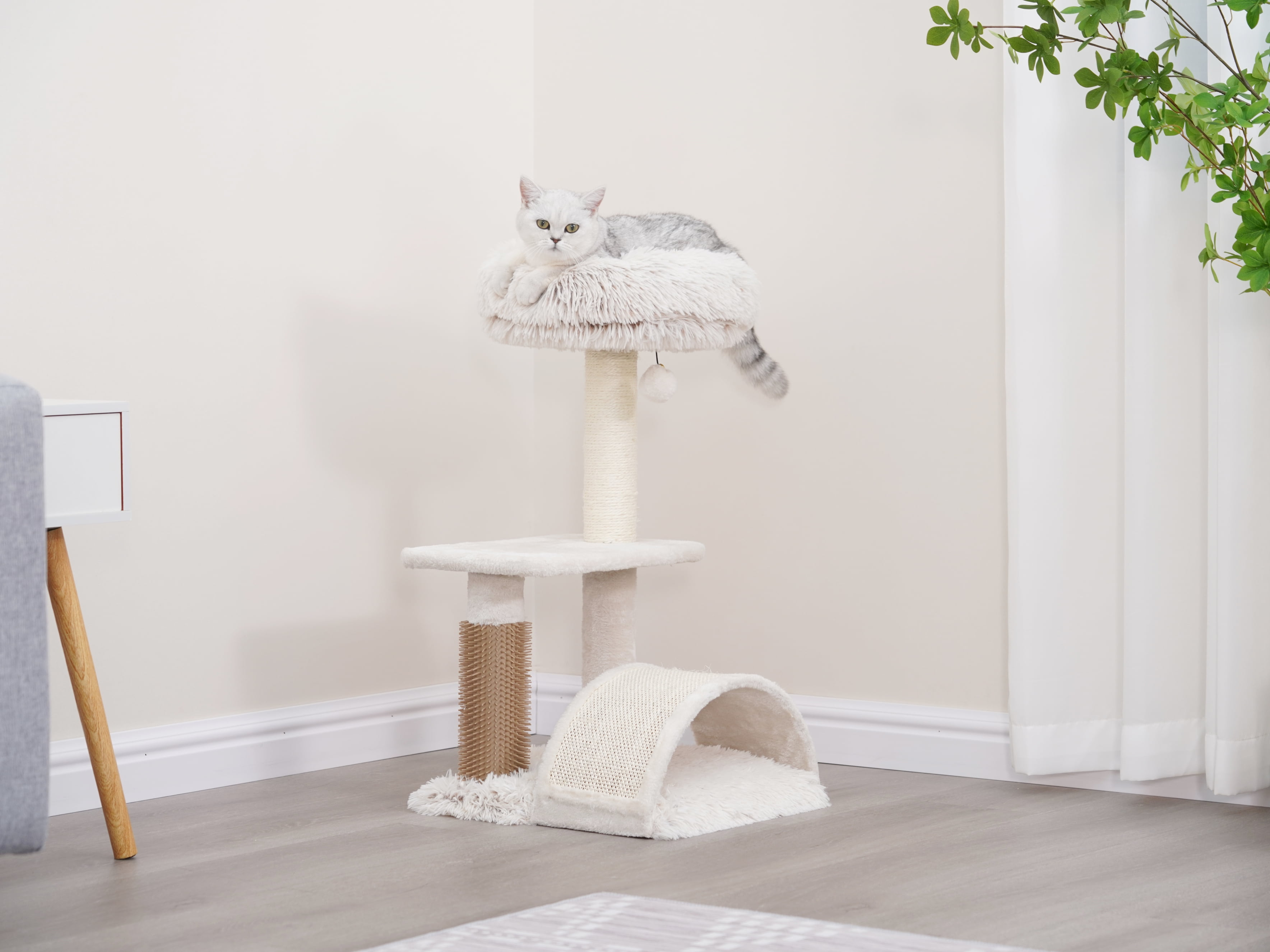 Vibrant Life 3-Level 27.8" Tall Cat Tree with Scratching Arc, Full Body Groomer, Cream