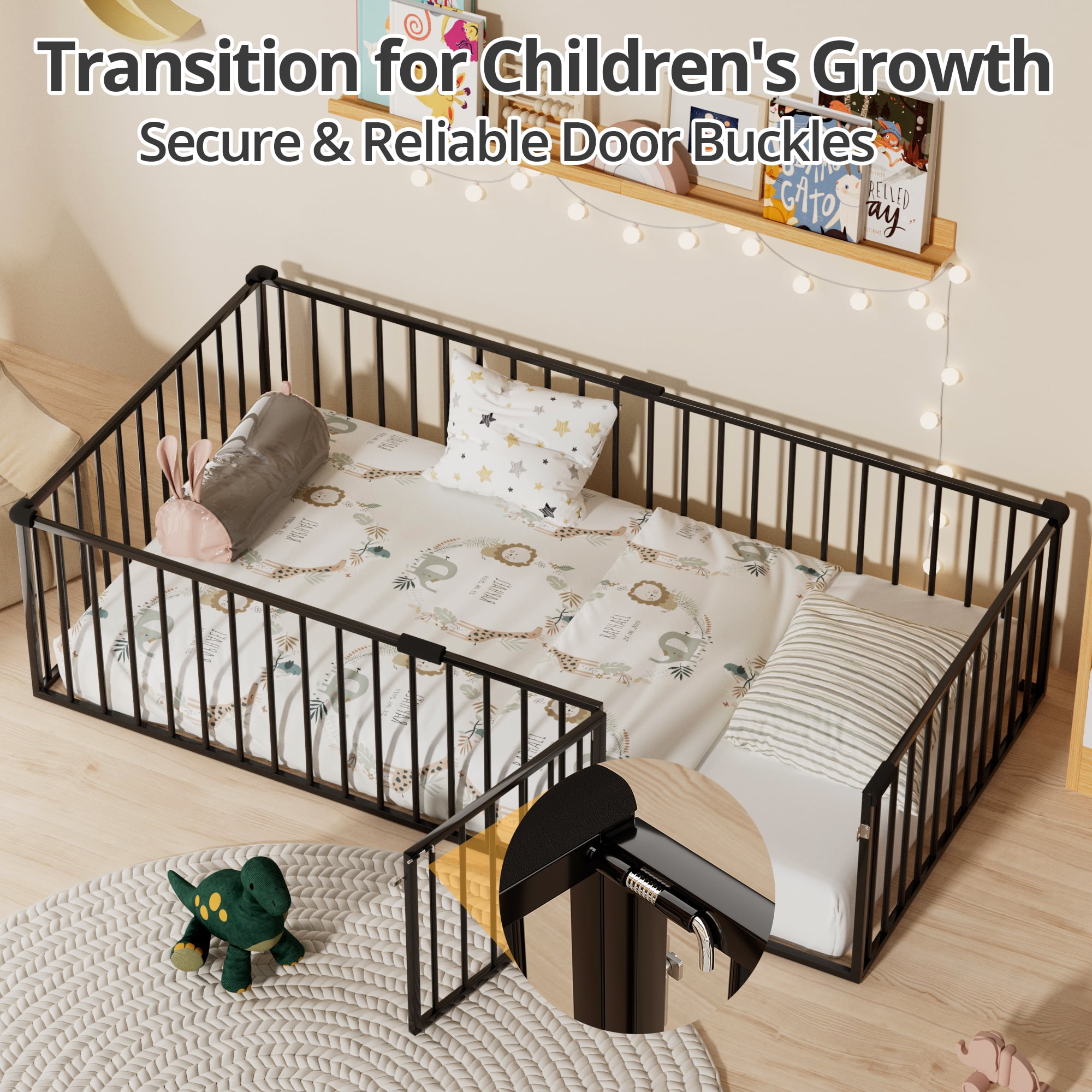 Twin Size Floor Bed for Kids and Toddlers, Metal Montessori Floor Bed with 21.7" High Full-Length Fence and Door, Safety Montessori Bed Frame for Kids Girls and Boys, No Slats Supports, Black