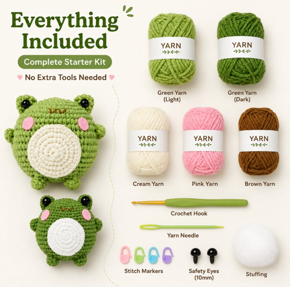 2 Pack Frog Crochet Kit for Beginners, Frog Amigurumi Starter Set with Step by Step Video Tutorials, TIKA