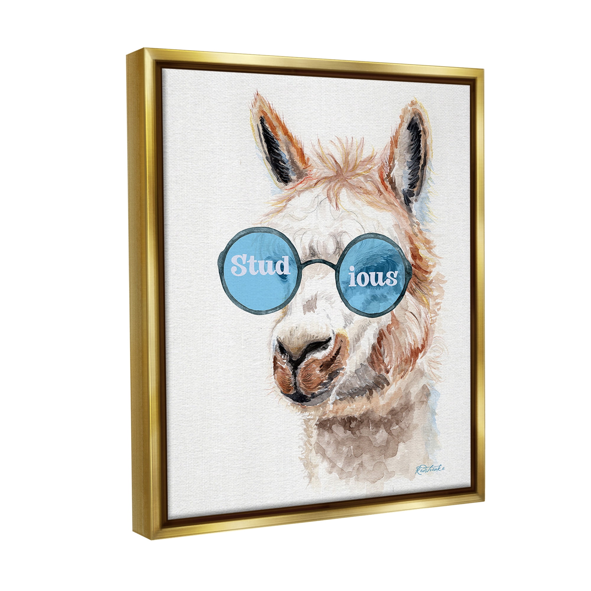 Stupell Industries Stud-ious Funny Llama Animals & Insects Painting Gold Floater Framed Canvas Art Print Wall Art, 17 x 21