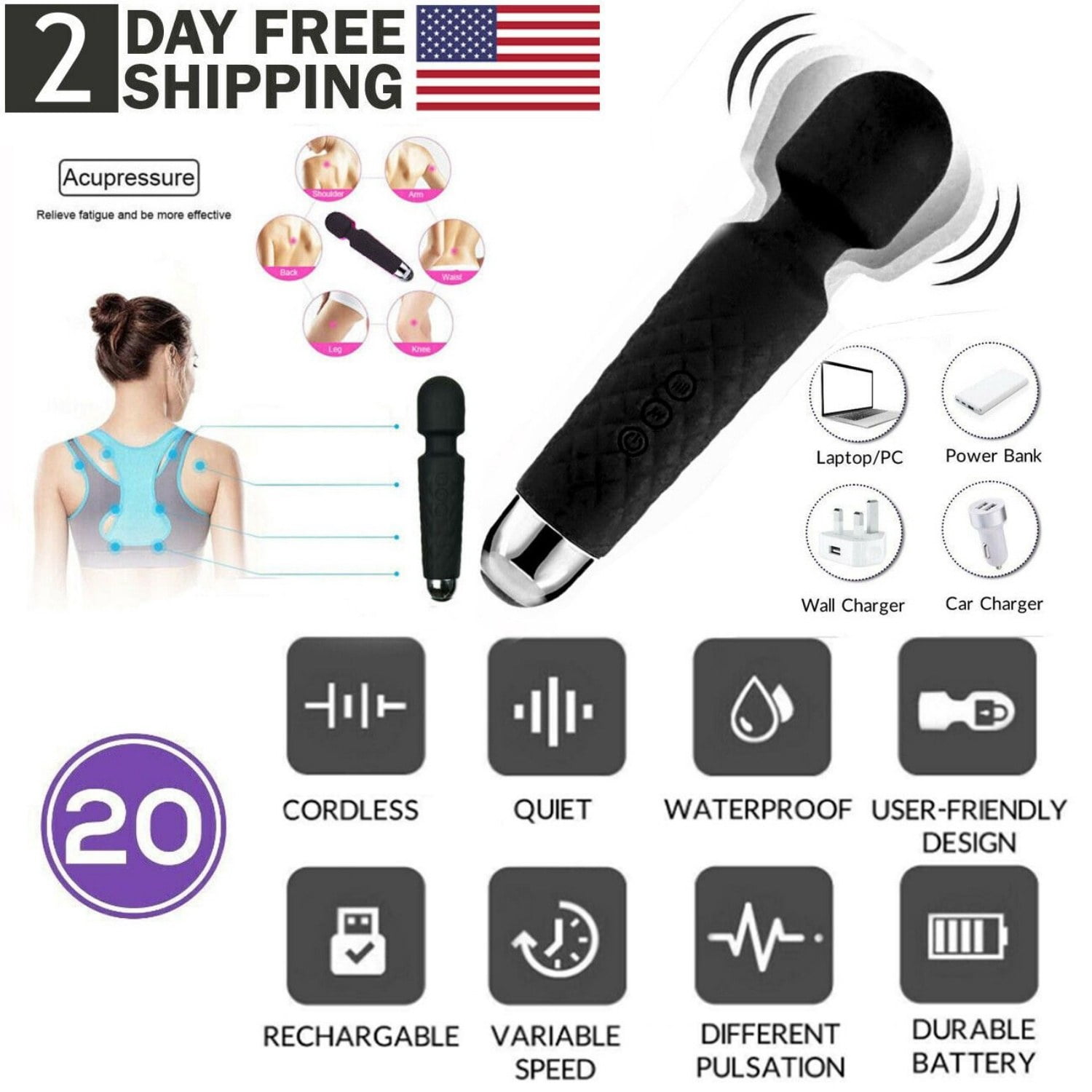 Cordless Handheld Powerful Vibrating Massager Wand Full Body Therapy Personal Wand PVC