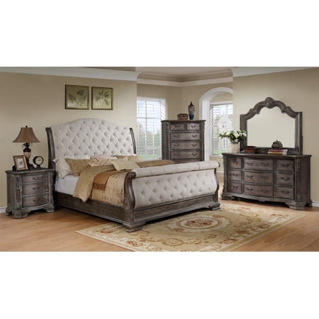 Jerrylee Antique Gray Upholstered Sleigh Bedroom Set Special Queen 4 Piece: Bed  Dresser  Mirror  NightStand