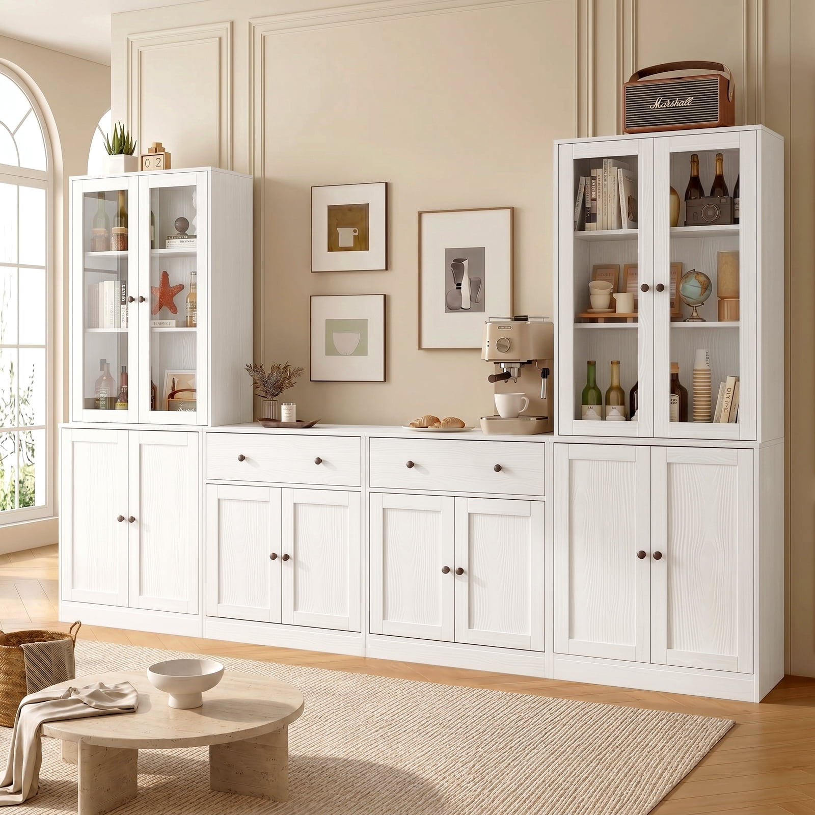 RichYa Kitchen Pantry Storage Cabinets,94.4''W Modular Furniture Cabinets with Hutch,Sideboard Buffet Cabinet with Doors and Shelves for Dining Room,Living Room,White