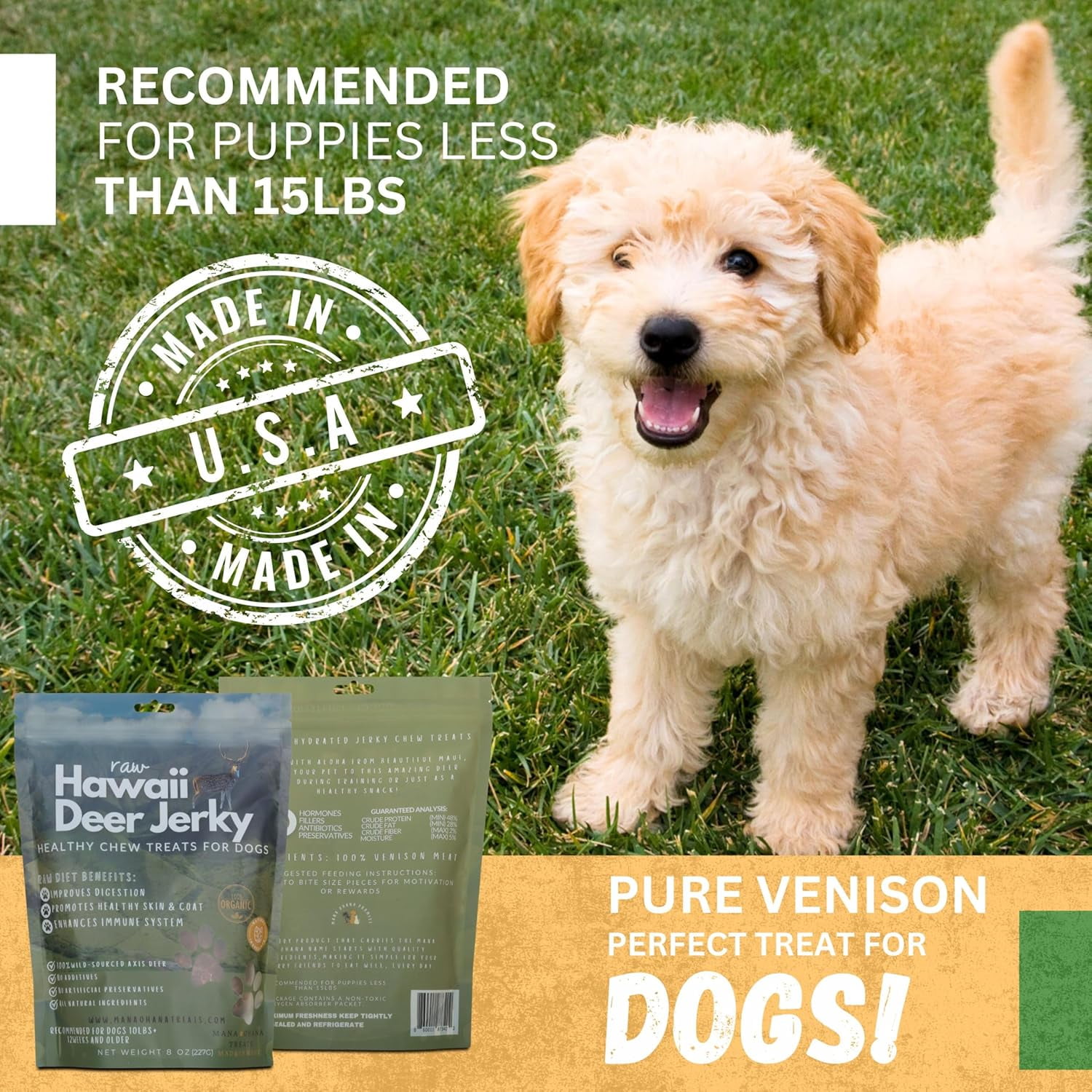 Deer Jerky Dog Treats - HYZ01 100% Venison Meat, Grain-Free & All Natural | Healthy Chew Treats for Medium & Large Dogs | Made in USA - 8 Oz