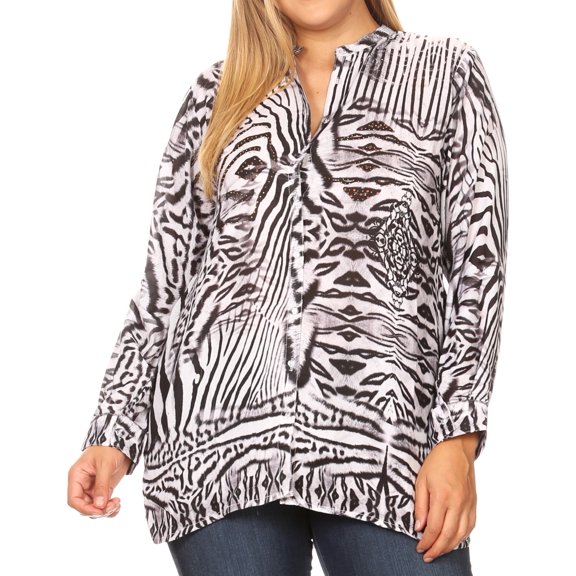 Sakkas Ditta Women's Casual Loose Long Sleeve Print Button Down Shirt Tunic Blouse - ZBK211-Black - Plus Size