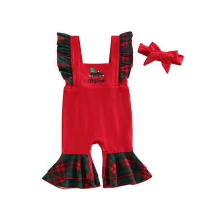 

EYIIYE Baby Girl Boy Christmas Jumpsuit Plaid Patchwork Square Neck Bell-Bottomed Rompers with Headband Set 3-24 Months