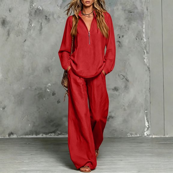 Linen Two Piece Sets for Women V Neck Zipper Matching Sets Loungewear Fall Travel Outfits Fashion 2026 ,M