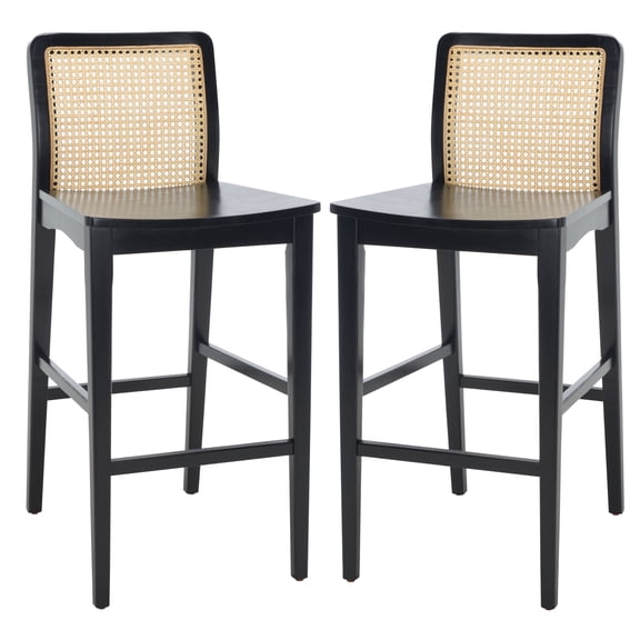 SAFAVIEH Benicio Rattan Bar Stool, Black Body/Natural Back Rest, Set of 2 (18.9 in. W x 22.5 in. D x 41.9 in. H)