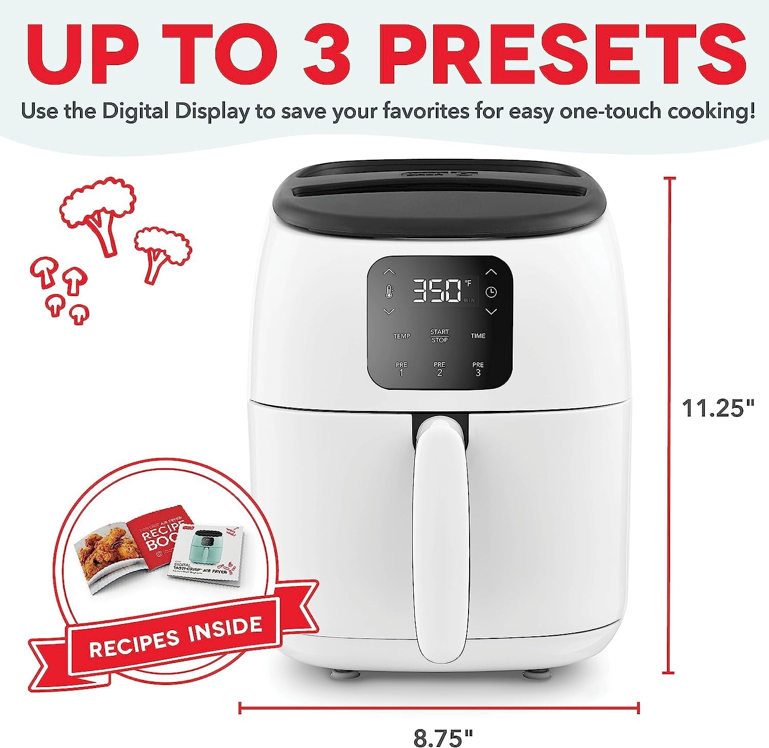DASH Tasti-Crisp™ Electric Air Fryer Oven, 2.6 Qt., White – Compact Air Fryer for Healthier Food in Minutes, Ideal for Small Spaces - Auto Shut Off, Digital, 1000-Watt (White)- New