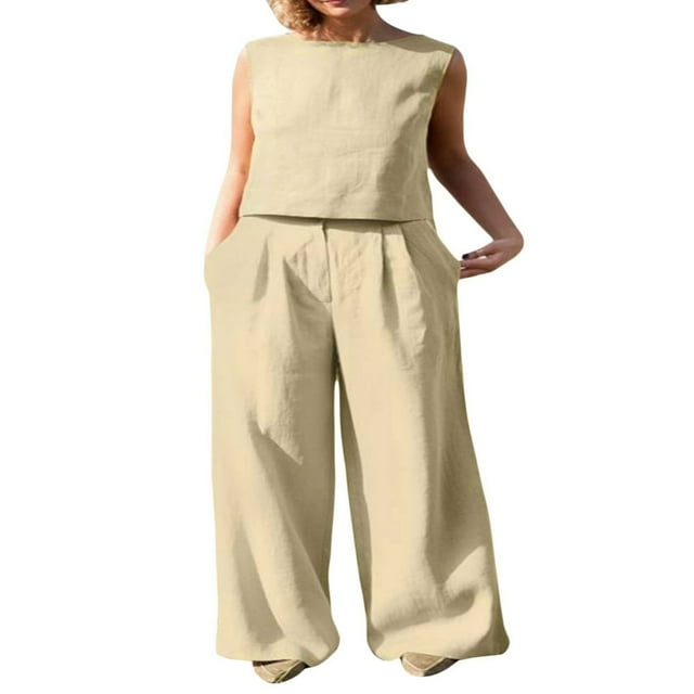 EIMELI Women‘s 2PCS Tracksuit Solid Color Round Neck Sleeveless Tops Button Closure Wide Leg Trousers Casual Pants Set