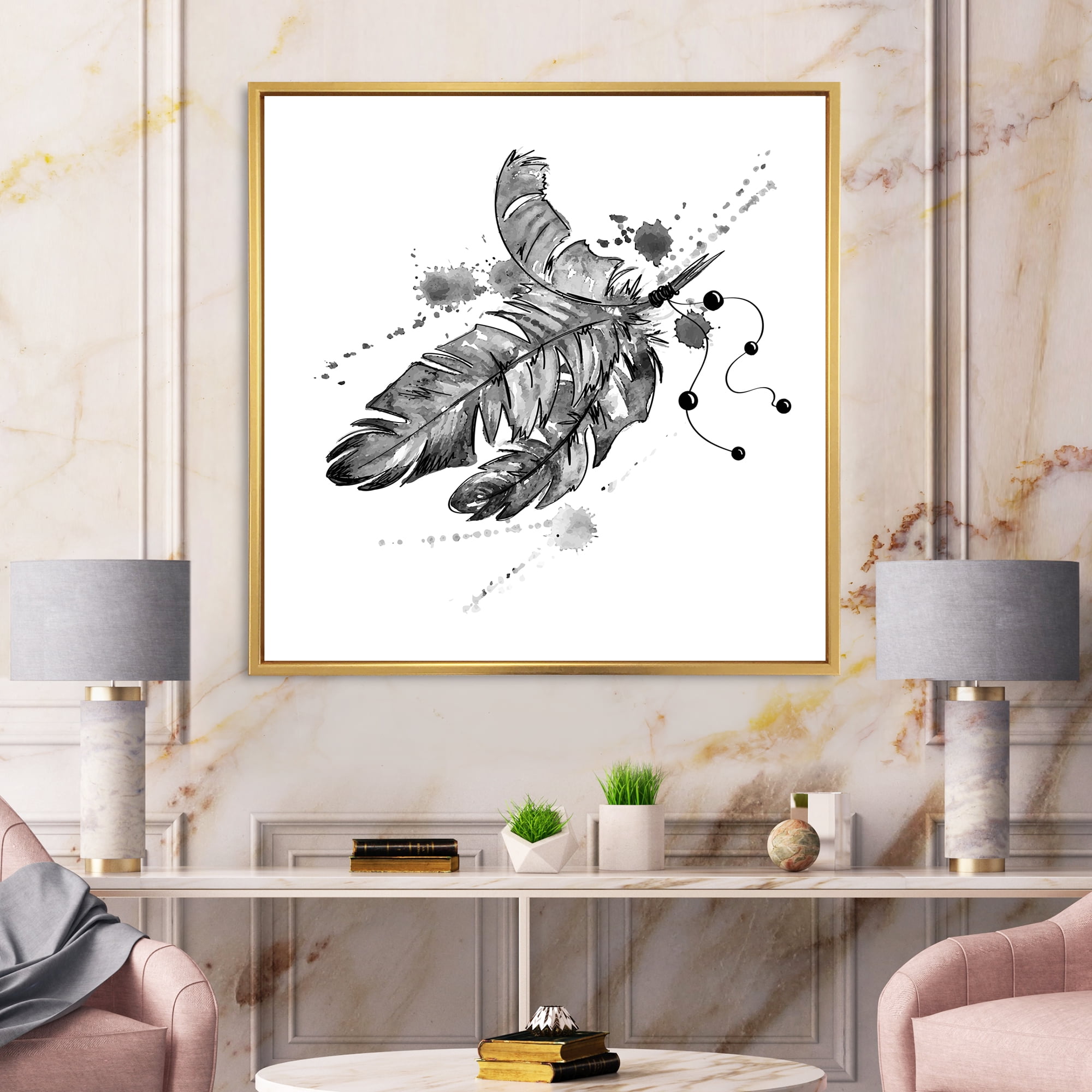Designart 'Black and White Feathers Impression' Traditional Framed Canvas Wall Art Print