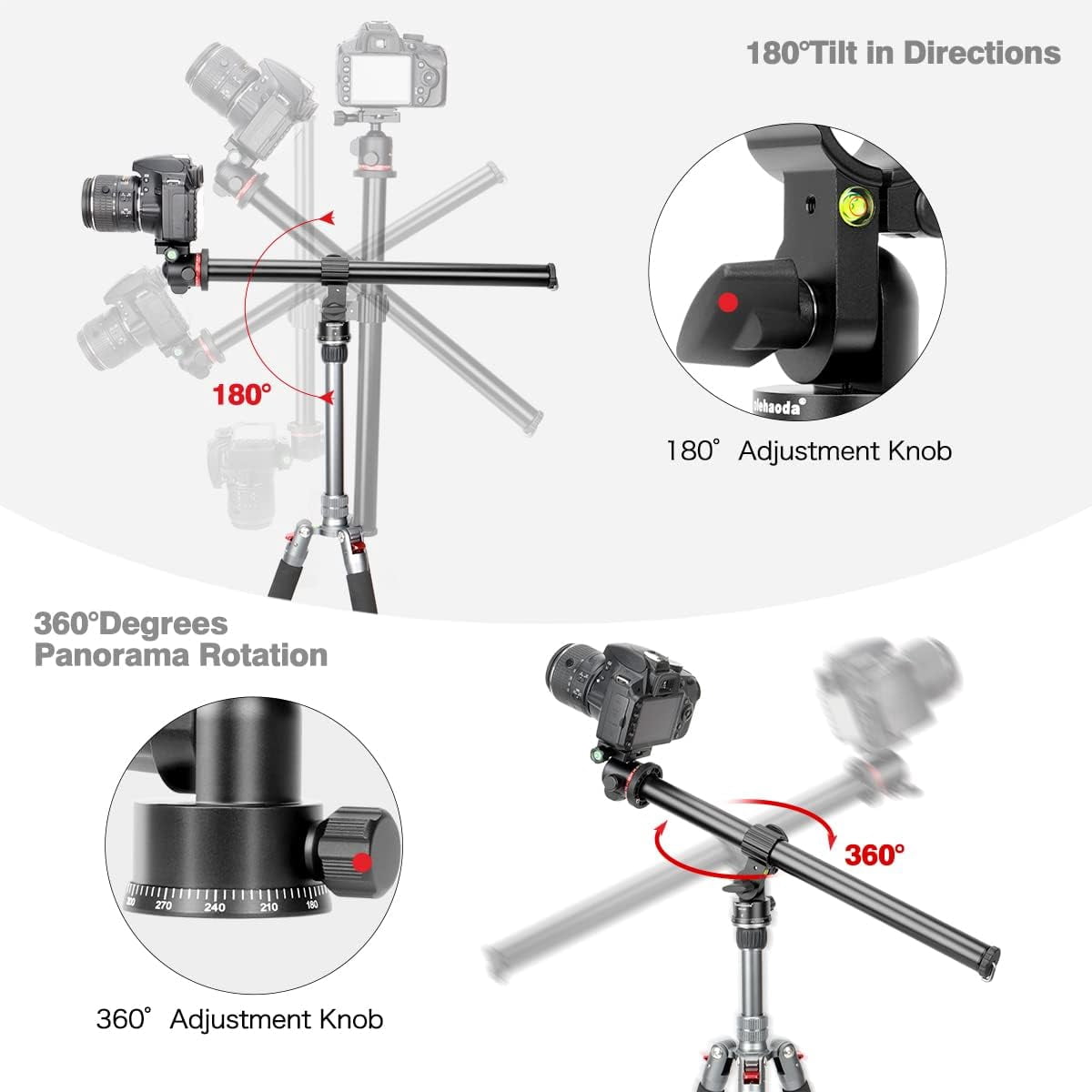 Koolehaoda 33" Tripod Extension Arm, Aluminum Horizontal Center Column arm 2 Sections with 360° rotatable for Overhead, Multi-Angle Photography, Load Up to 22lbs (Tripod not Included)