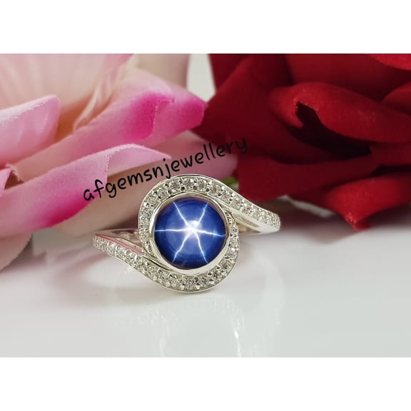 AFGEMSNJEWELLERY 925 Sterling Silver Star Sapphire Engagement Ring, Lindy Blue Star Jewelry, Boho Statement Ring, Valentine Gift Silver 3