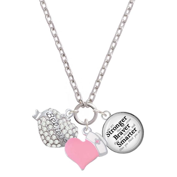 Delight Jewelry Silvertone Believe Banner on Clear Crystal Heart - Light Pink Heart Nurse Strong Zoe Necklace