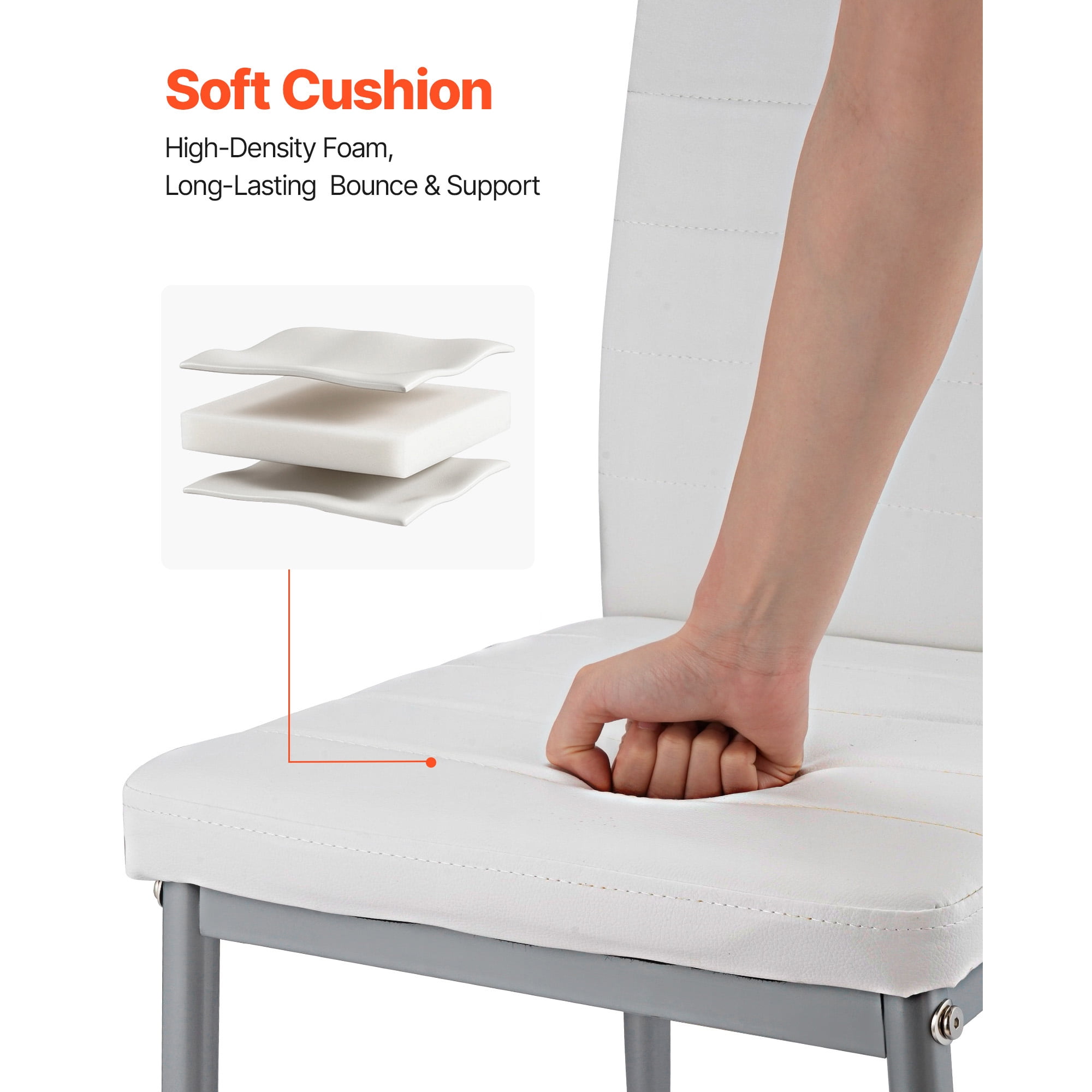 KFFKFF Set of 6 Modern Dining Chairs with Upholstered Leather, Comfortable Cushions, and Sturdy Metal Legs, Space-Saving Design for Kitchen or Dining Room, White