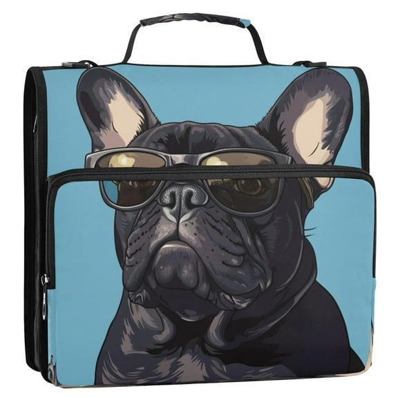 Circular Folder Package 13.6*3.5*12.4 Inches ,Binder Bag，Binder Organizer，Zipper Binder，3 Ring Binder ,Suitable for Work Black Dog with Sunglasses
