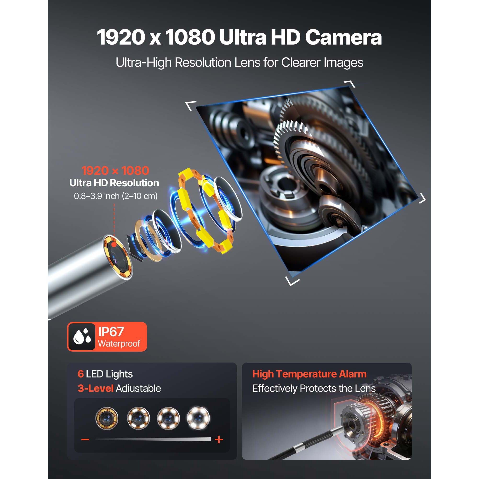 4-Way 360° Articulating camera, 6" HD IPS 1080p, 8X Zoom, 7000mAh, IP67, 4.9FT Snake for Auto & Plumbing