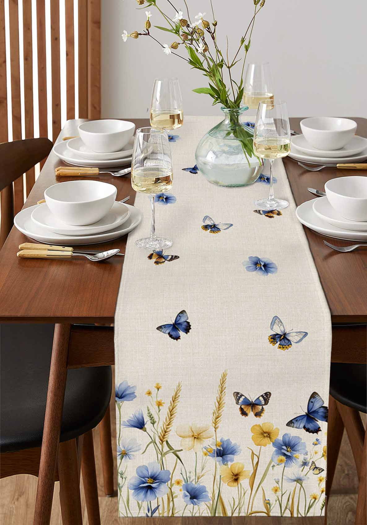nqOlkjepod Blue Floral Table Runner 60 Inches Long Farmhouse Dress Scarves, Yellow Flower Butterflies Country Plant Dining Tablerunner for Coffee Table/Kitchen Island/Party Décor, 13" x 60"
