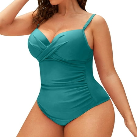 Rigardu Womens Plus Size Bathing Suit Tummy Control One Piece Swimsuit Twist Front Ruched Swimwear Women Plus Size Solid Color Bikini Ruched Detail Underwire Removable Padded Cups Green 4Xl