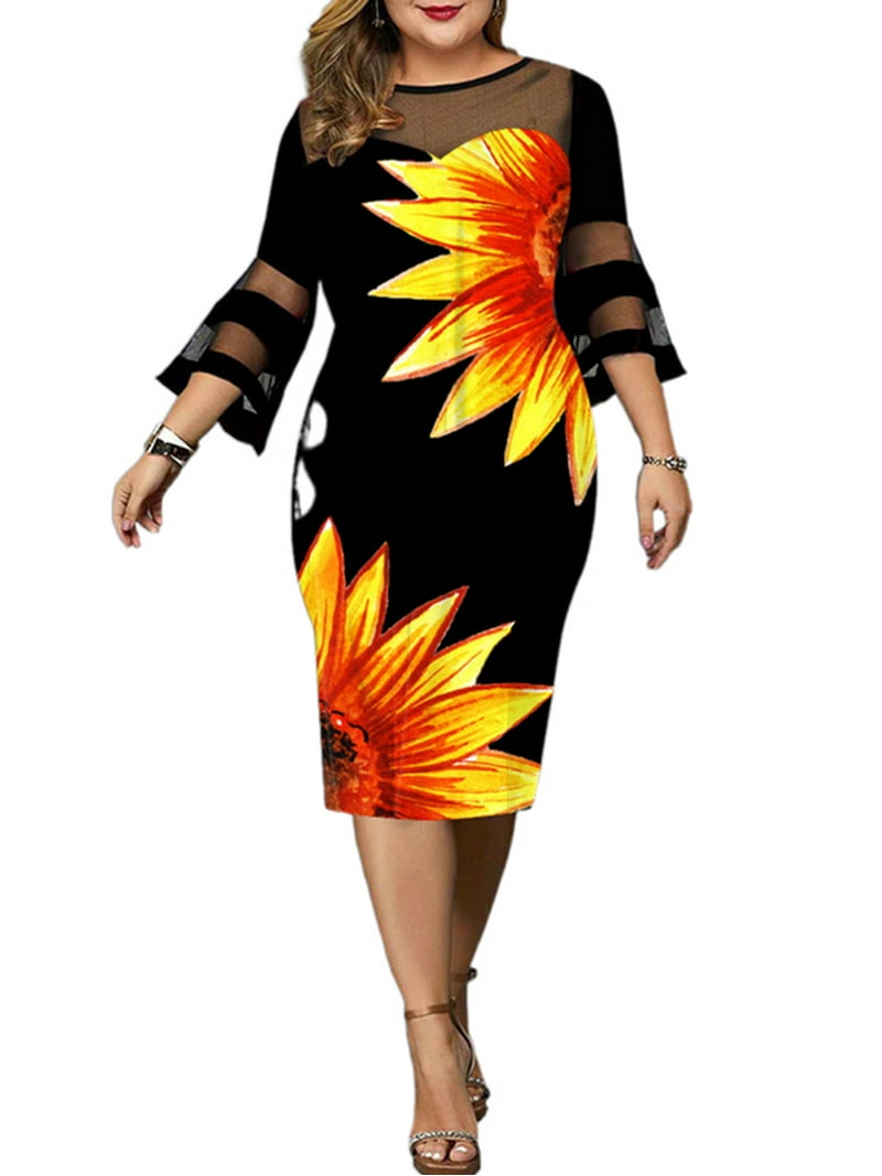 LilyLLL Womens Elegant Floral Print 3/4 Sleeve Party Casual Midi Dress Plus  Size - Walmart.com