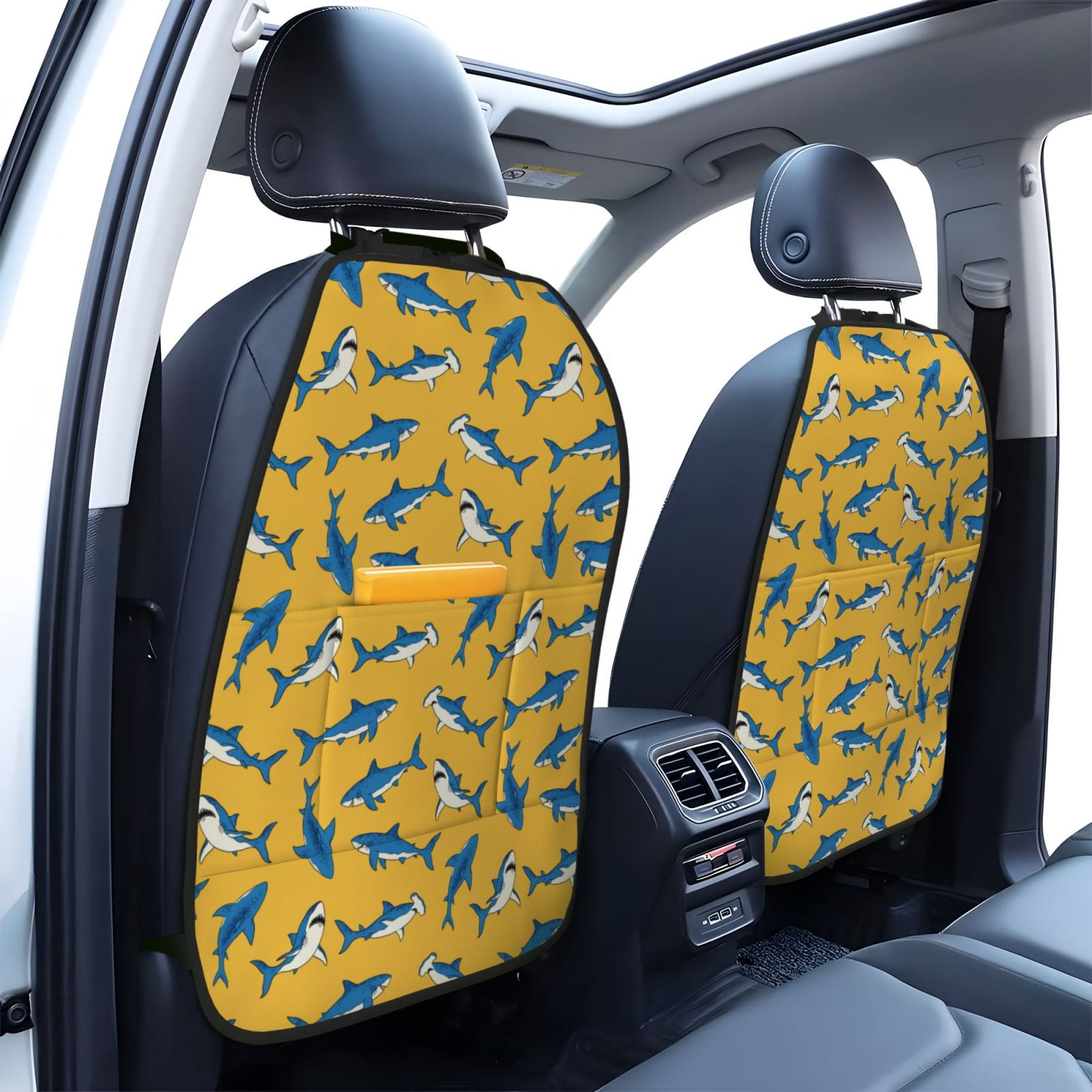 Kdxio Shark Print Print 2 Pack Car Kick Mat Seat Cover Back Protector Mat with Pockets for Organizer Backseat Protector and Storage Anti Kick Pad for Vehicles