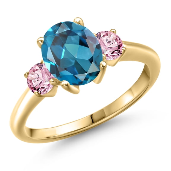 Gem Stone King 10K Yellow Gold London Blue Topaz and Pink Lab Grown Diamond Engagement Ring for Women | 2.75 Cttw | Oval 9X7MM | Gemstone November Birthstone | Size 9