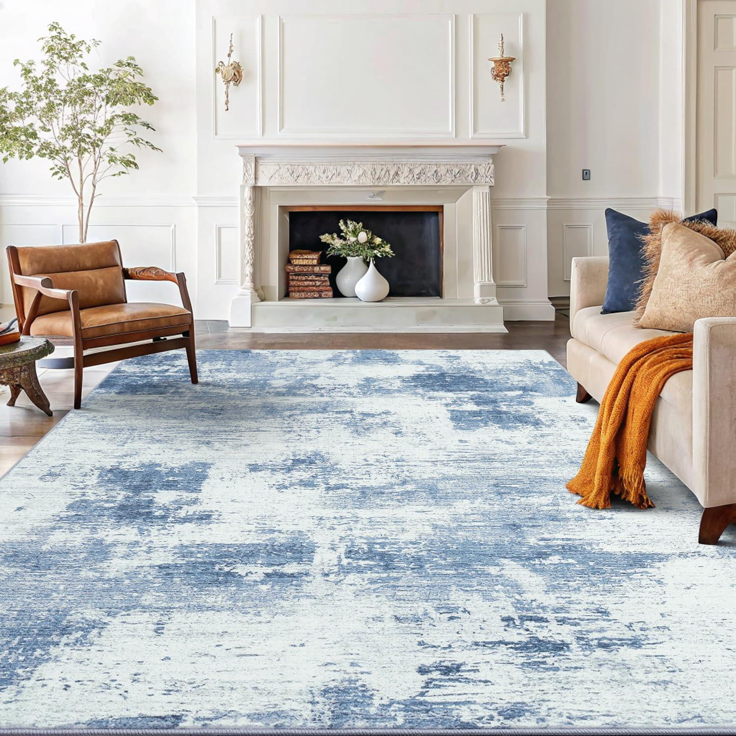 Buganda Area Rug for Living Room 5'X7', Washable Artificial Wool Area Rug, Low Pile Non-Slip Carpet for Bedroom Office Dining Room, Blue