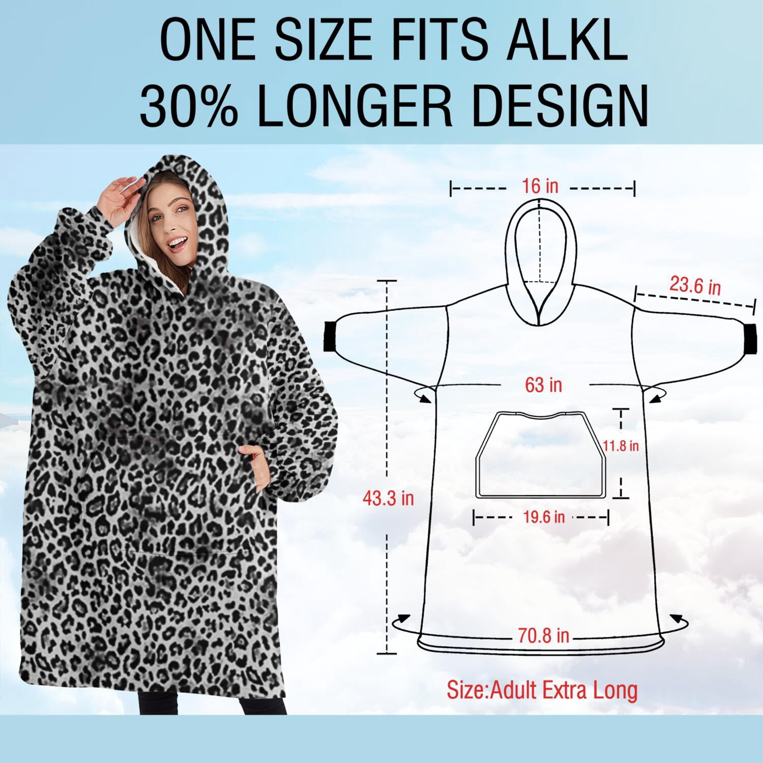 Oversized Wearable Blanket Hoodie,Black and Tan Leopard Print Sherpa Blanket Hoodie with Super Pockets,Super Warm Fuzzy Pullover for Women & Men