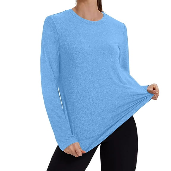 asdoklhq Workout Tops for Women Sports Drying Sun Protection Round-neck Solid Color Long-sleeved Top Blue 3X