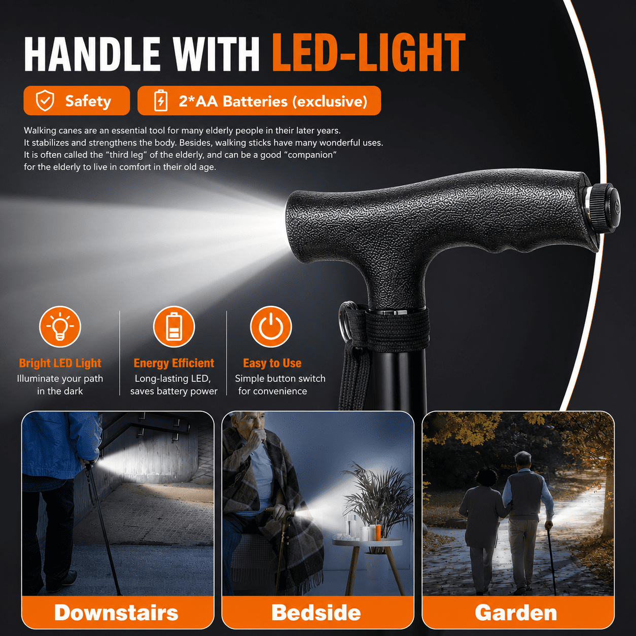 MoonSun Foldable Walking Cane for Seniors, Adjustable Aluminum Walking Cane with Quad Base, LED Light, Wrist Strap, Portable Folding Cane for Men & Women