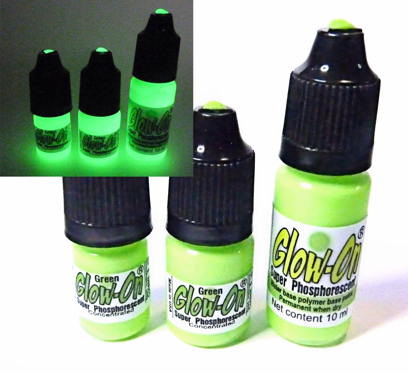 Glow On Super Phosphorescent Paint With Tip Applicator, Green Color, Green Glow, Large 10 ml Bottle.
