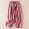 thumbnail image 2 of LLYwey Baseball Pants Adult Women's Solid Color Casual Elastic Waist Capris Pants Cotton and Linen Plus Size Pants Drawstring Pants Female Long Pant Style H2737 Pinks L, 2 of 8