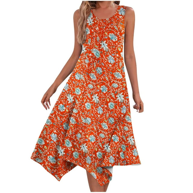 Penkiiy Robe d'Été Décontractée Sans Manches pour Femmes, Ourlet Mouchoir, Robe Midi de Plage avec Poches TG Orange