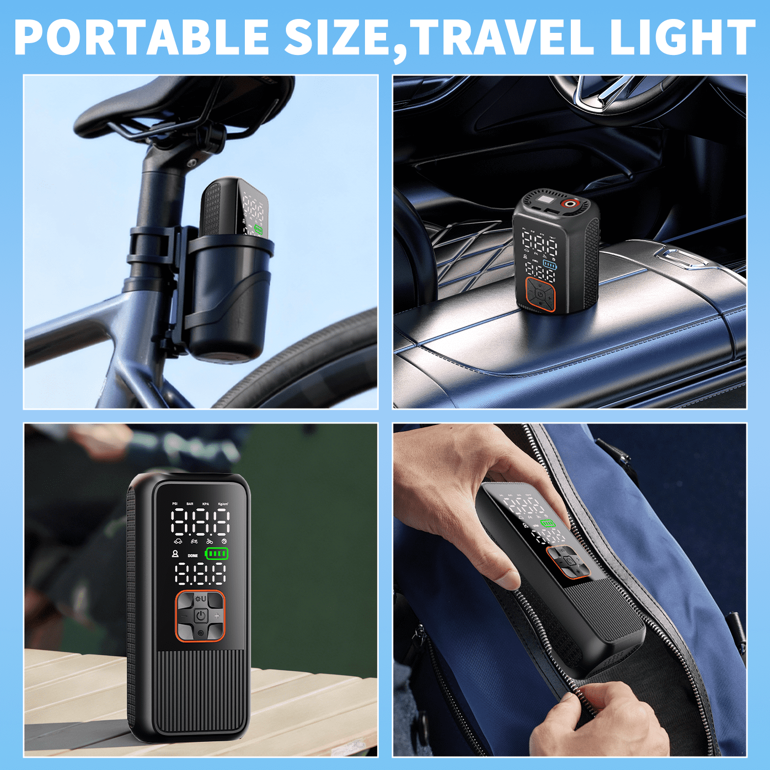HKHKPI 150PSI Cordless Tire Inflator with Digital Pressure Gauge, LED Light, Air Compressor Portable Tire Pump for Bike, Car, Motor,Ball
