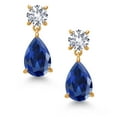 thumbnail image 2 of Gem Stone King 18K Yellow Gold Plated Silver Blue Created Sapphire and White Created Sapphire Earrings for Women | 9.14 Cttw | Gemstone September Birthstone | Pear Shape 12X8MM, 2 of 4