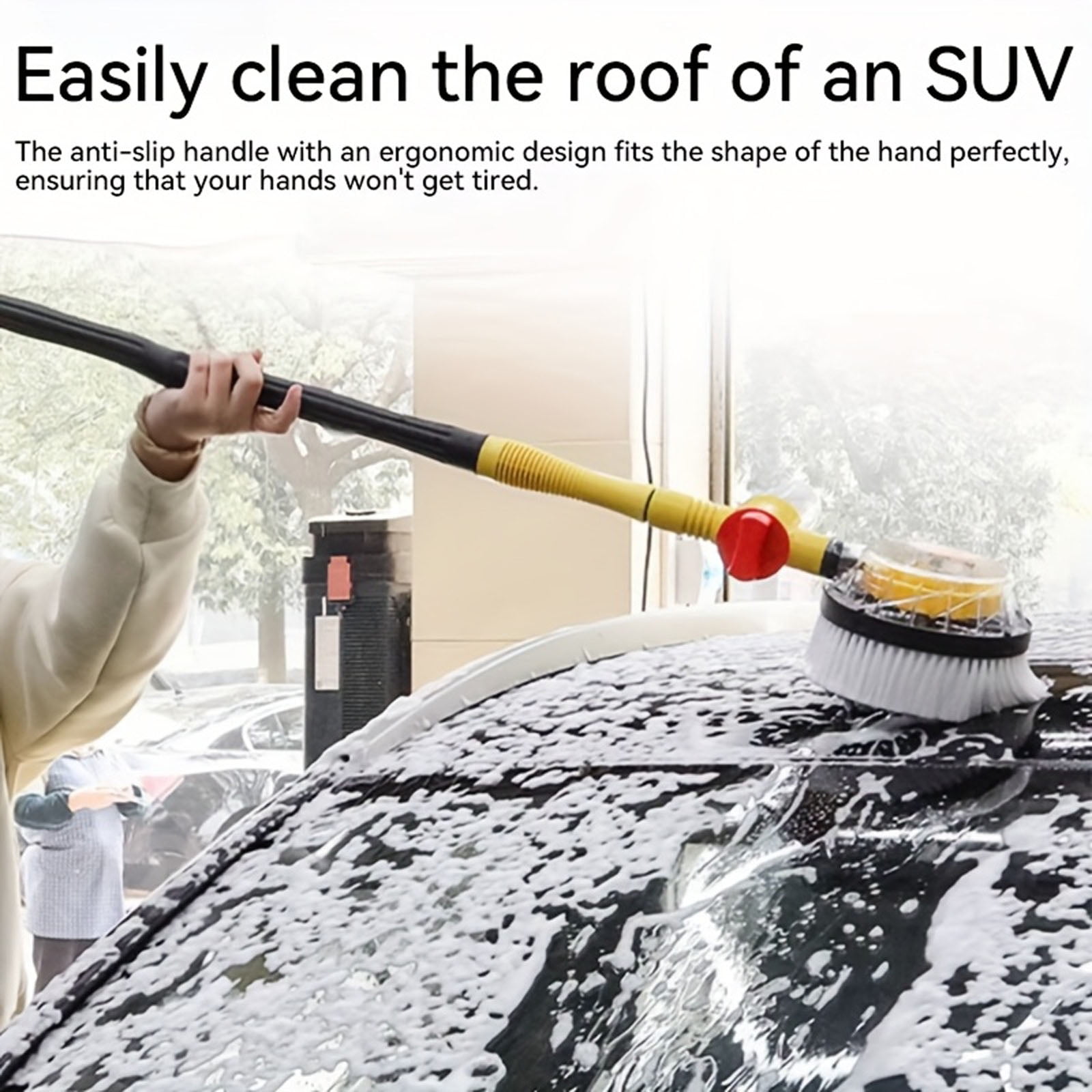 Auto Rotate Car Wash Brush with Soap Dispenser, Soft Microfiber Spinning Brush for Exterior Car Cleaning, Water Powered No-Scratch Bristles, Hose Attachment and Long Handle (47 inches)
