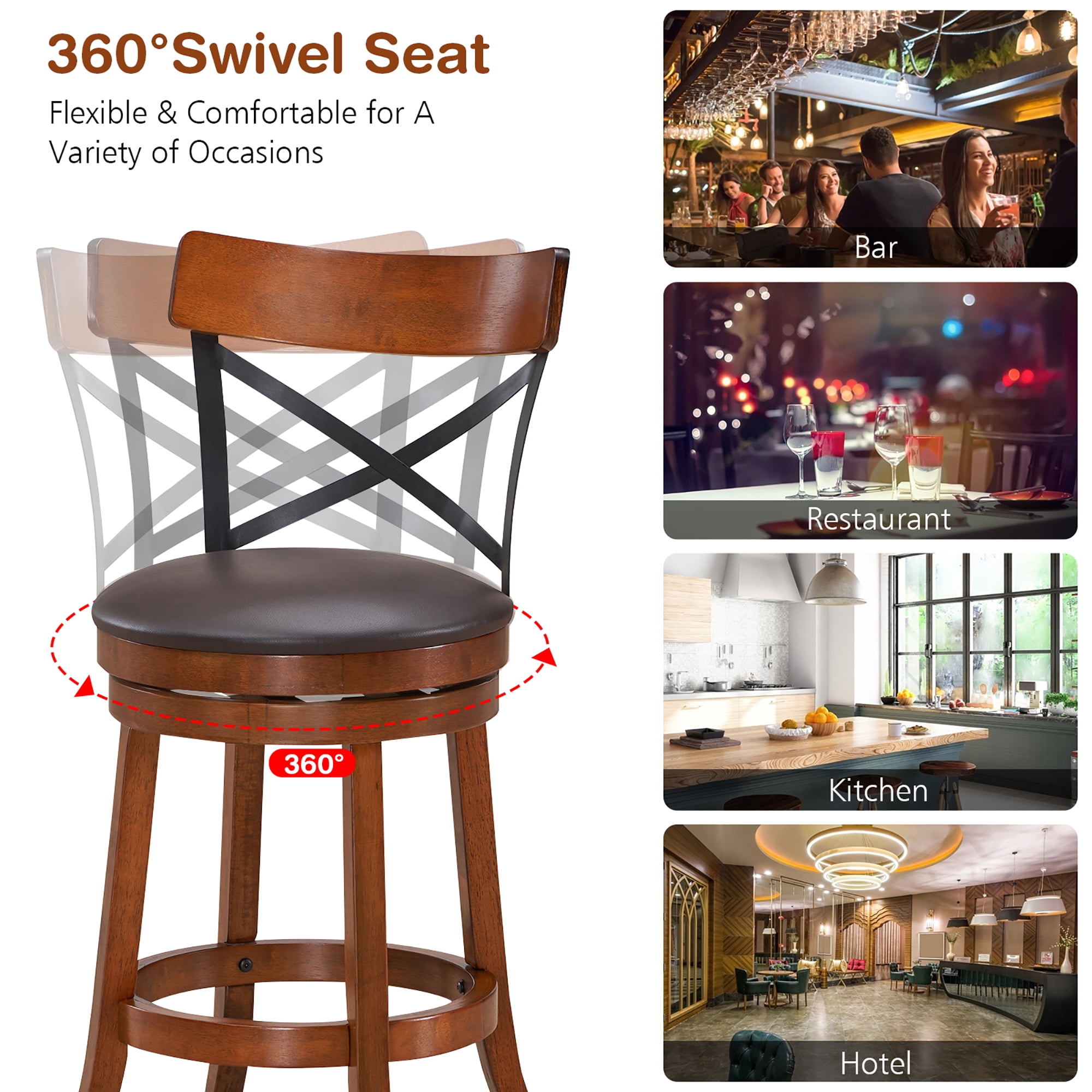 Costway Set of 4 Bar Stools Swivel 29.5'' Dining Bar Chairs with Rubber Wood Legs
