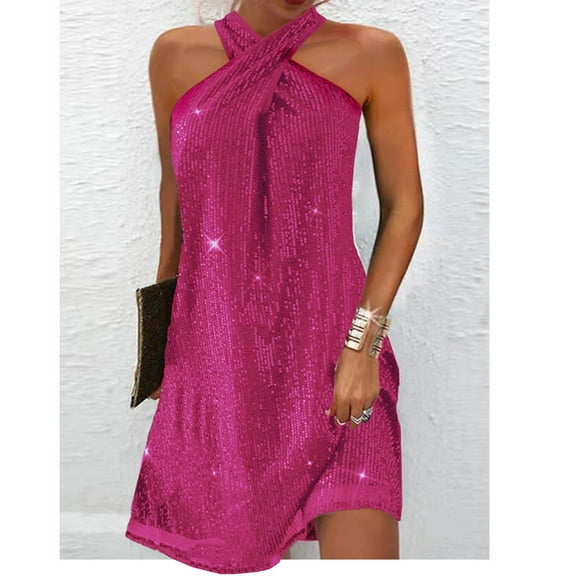 Blmnix Women dresses Shift Sequin Dress Sexy Dresses Dress Halter Pink Sleeveless Skirt for Women,L