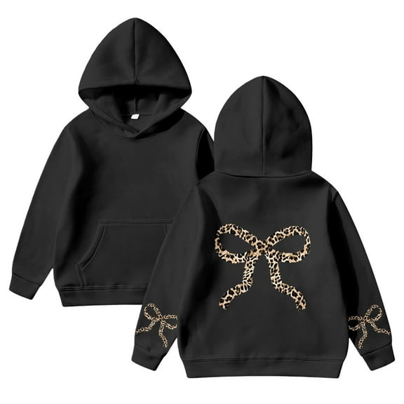 FAOWME Big Girls Boys Hoodies With Pocket Long Sleeved Bow Print Comfortable Fashion Loose Fit Sweatshirts For Fall Winter Outerwear Black 2-3 Years